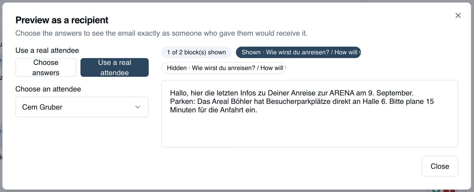 Previewing the email as a specific attendee