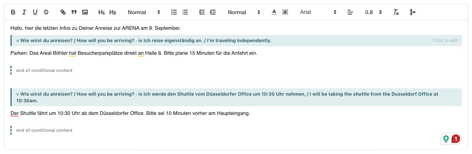 Two conditional blocks in the email editor